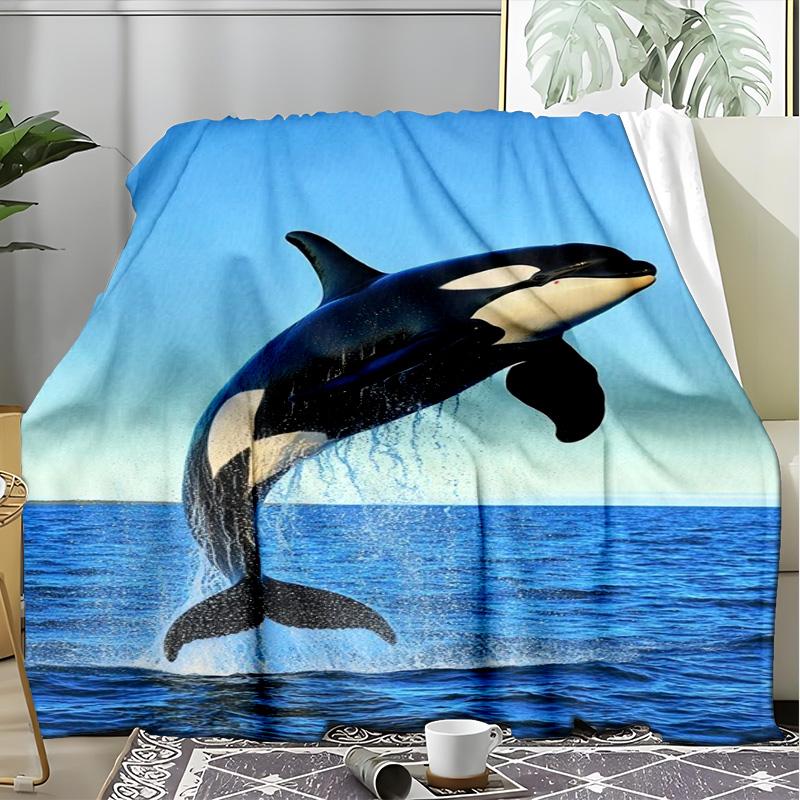 Orca Whale Jumping Ocean Scene Fleece Printed Flannel Blanket, Warm Soft Throw Sofa Bed Blanket