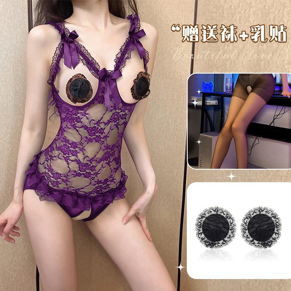 Large size erotic underwear hollowed out bare chest hot couple flirting free open file erotic uniform lace