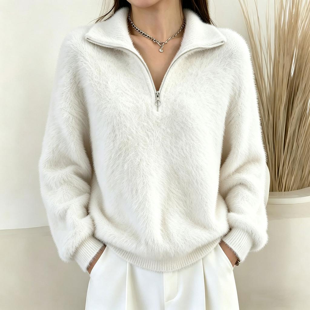 Damen Faux Pullover mit Rollkragen und Reißverschluss - Farblich gestricktes Oberteil für Freizeitkleidung