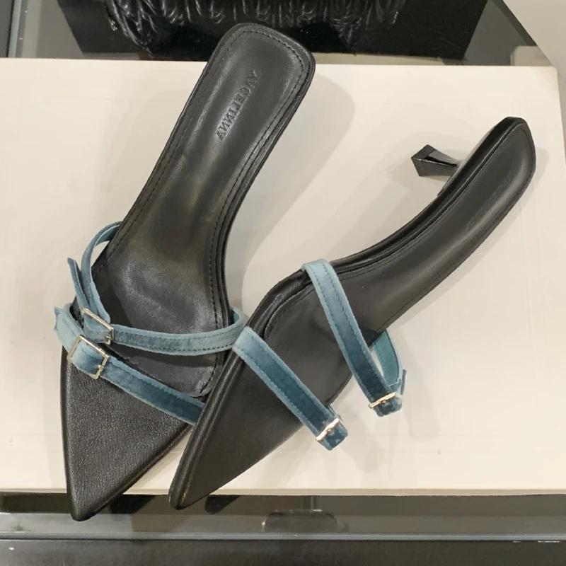 Elegant Pointed Toe Kitten Heel Slippers Women Narrow Strap Buckle Design Summer Slide Sandals Comfort Non Slip Beach Loafers