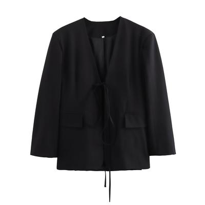Casual Oversized Black Blazer Women V Neck Bow Tie Pockets Loose Jackets Fashion Streetwear Women Outwears