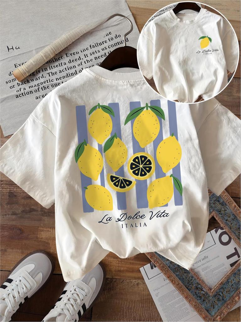 T-shirt La Dolce Vita Divertente Grafica Frutta Limone Strisce Viola Stile Italiano Unisex Harajuku Ampia Manica Corta Top Estivi