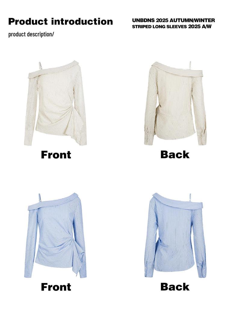 UNBDNS Women's One-Shoulder Striped Tie-Up Shirt: Slimming, Versatile Long Sleeve Top for Autumn