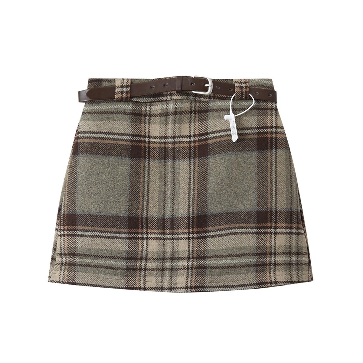 

Ou Fan Women s High Waist Wool Plaid A-line Skirt with Retro Design XL