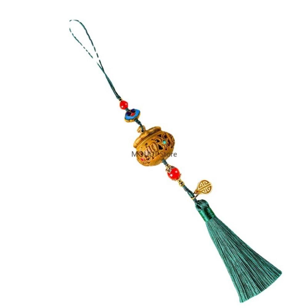 Green Ebony Wood Hollow Out Engraved Miniatures Incense Bag Portable Perfume Pendant Mobile Phone Decorative Wooden Accessorie