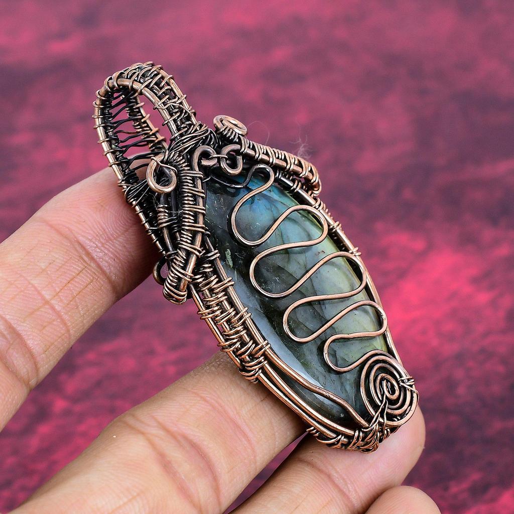 Labradorite Pendant Copper Wire Wrapped Gemstone Jewelry Handmade Dainty Pendant