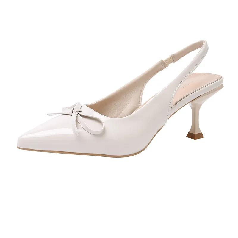 

Женские сандалии с закрытым носком, на высоком каблуке, с французским узлом-бабочкой, летняя обувь, из полиуретановой кожи, с острым носком, резиновая подошва, обувь 42