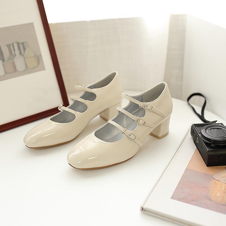Fashion Shoes Cswo01 Women's New Head Mary Jane Shoes Retro One Button Middle Heel Thick Heel Hepburn Single Shoes Cm