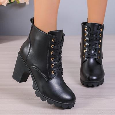 Low Tube High Heel Women's Boots Autumn and Winter Wear Thick Heel Waterproof Table Lace-up Large Size Martin Boots