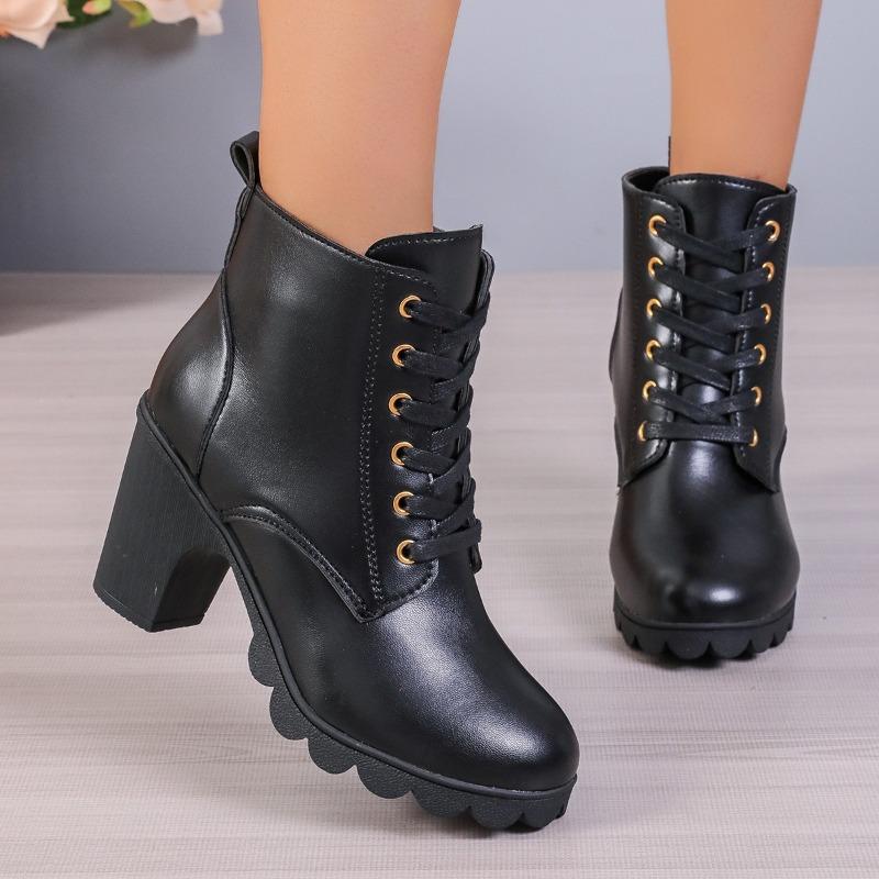 Low Tube High Heel Women's Boots Autumn and Winter Wear Thick Heel Waterproof Table Lace-up Large Size Martin Boots