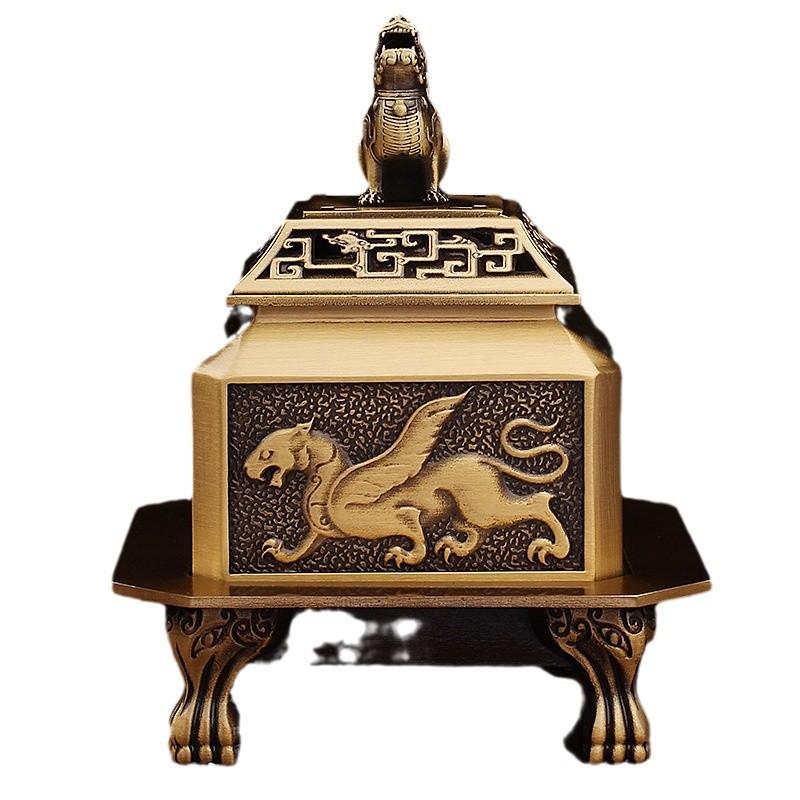 Brass Incense Chinese Style Home Office Aromatherapy Burner Vintage Antique Four Divine Beasts Square Metal Craft
