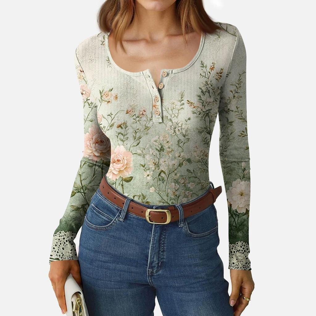 Camiseta de Fondo Delgado para Mujer Moda Casual Estampado Degradado Cuello Redondo Jersey Manga Larga Top