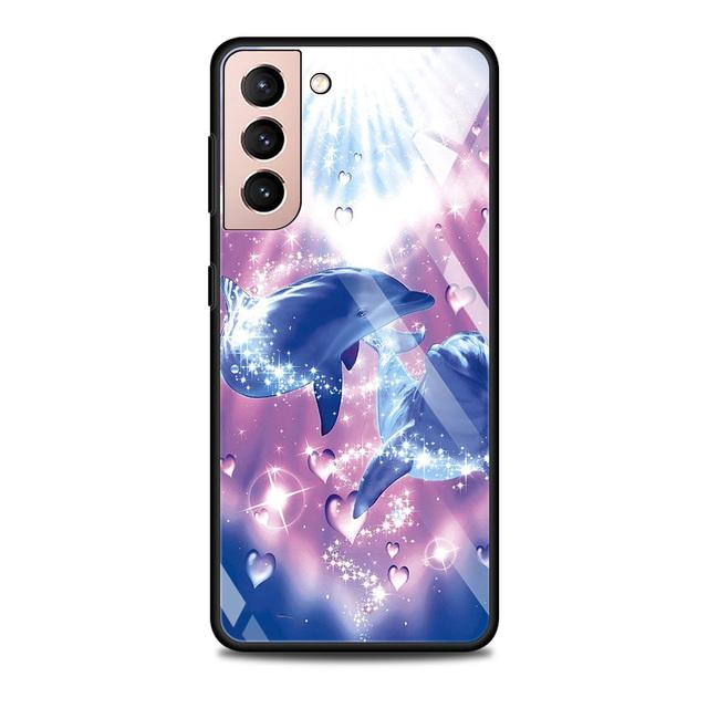 Blue Sea Animal Cute Dolphin Glass Case For Samsung Galaxy S21 S20 Ultra S10 Plus Lite S20fe 5g S10e S9 S8 Bumper Cover Funda