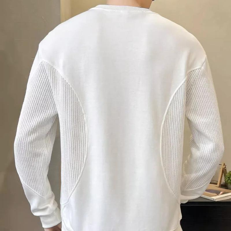 Trendy Korean Spring Autumn Men's 2024 New Spliced Pullover O-Neck Screw Thread Solid Color Loose Casual Long Sleeve Sweatshirts
