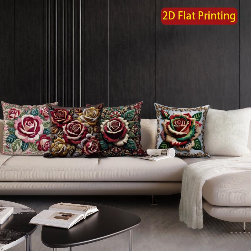 2D Vintage Floral Rose Decorative Throw Pillow Covers Pattern Cushion Cover Suitable For Sofa Bedroom Car Pillow Cover
