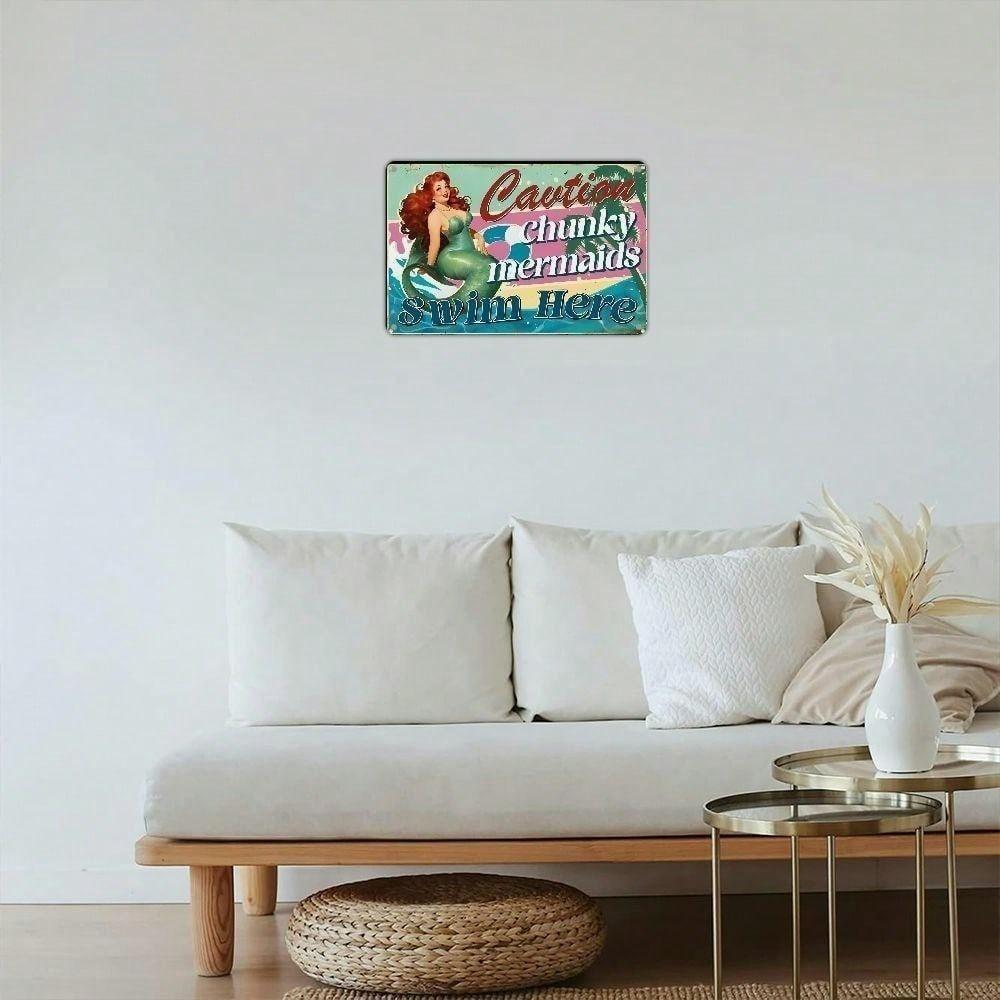 Funny Pool Warning Tin Sign Vintage Mermaid Bathroom Bar Decor