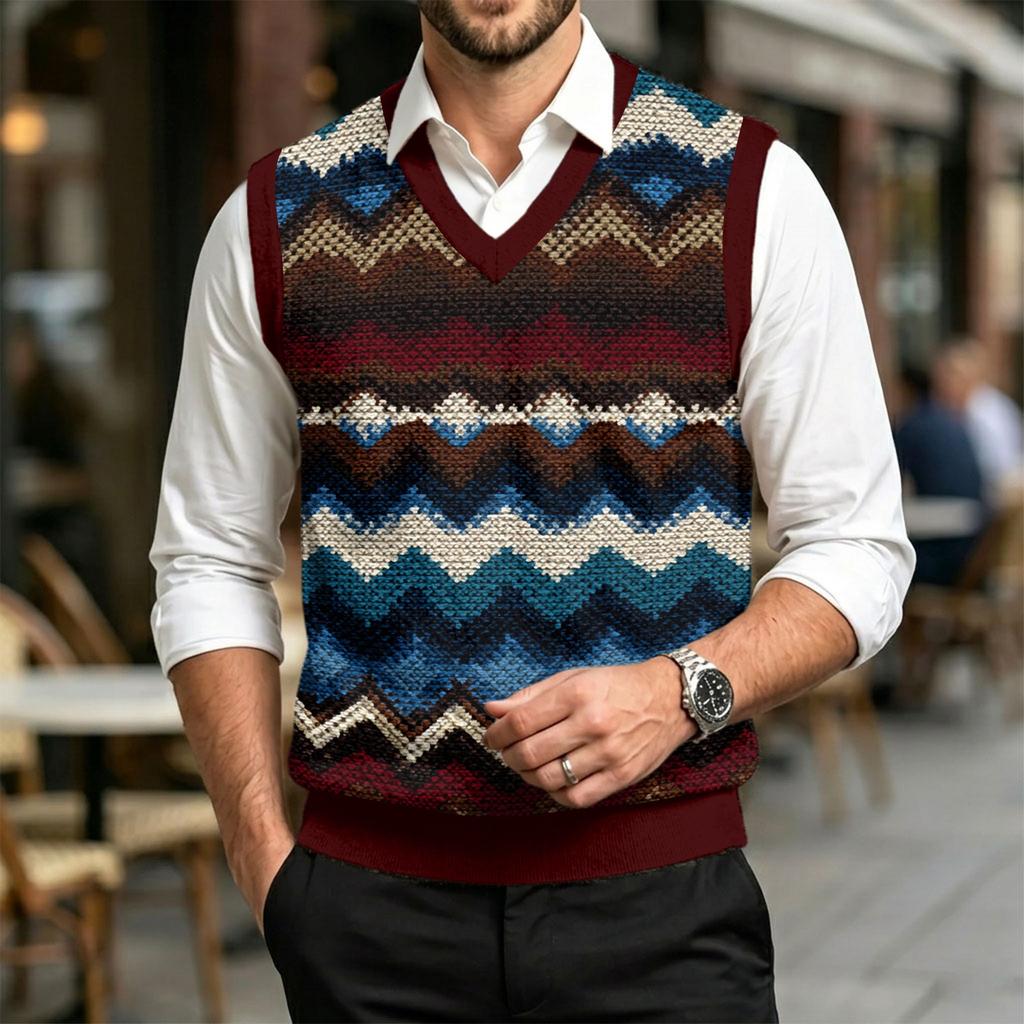 Men's Casual V-Neck Wool Knit Sweater Vest with Christmas Print