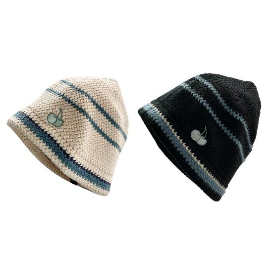 Women Bucket Hat Contrast Color Cherry Anti Deformation Windproof Autumn Winter Ear Protection Dome Fisherman Hat Outdoor Wear