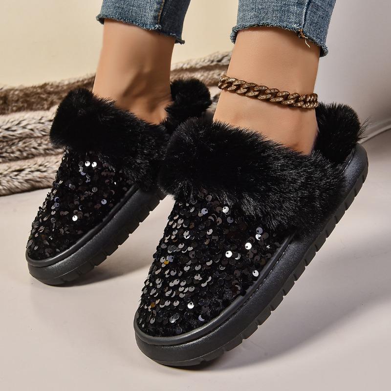 Women's Faux Fur Lined Slippers with Non-Slip Sole - Sparkly Glitter Closed Toe Indoor House Shoes, Warm Winter Cozy Memory Foam Slippers for Women