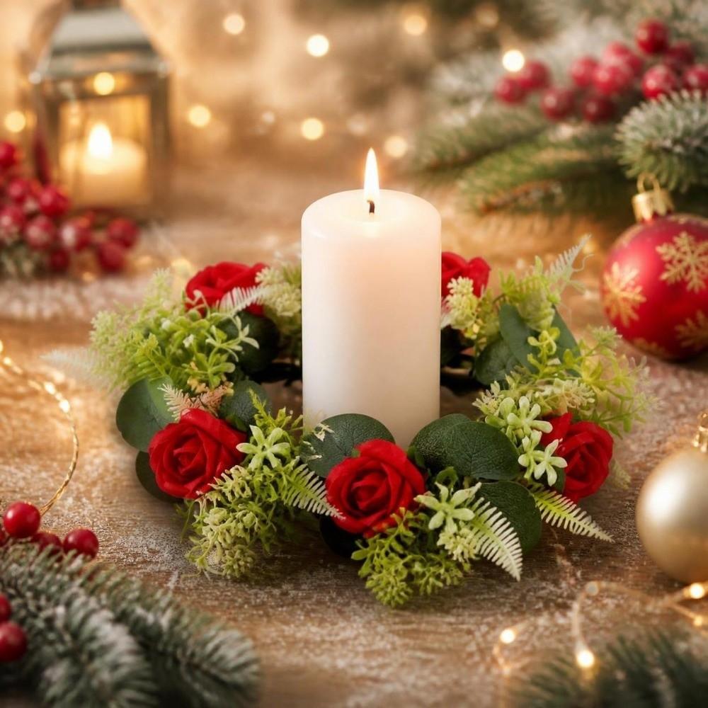 Portavelas de Pilar Rosa Hojas Verdes Artificiales Anillos de Velas Navideños Fiesta