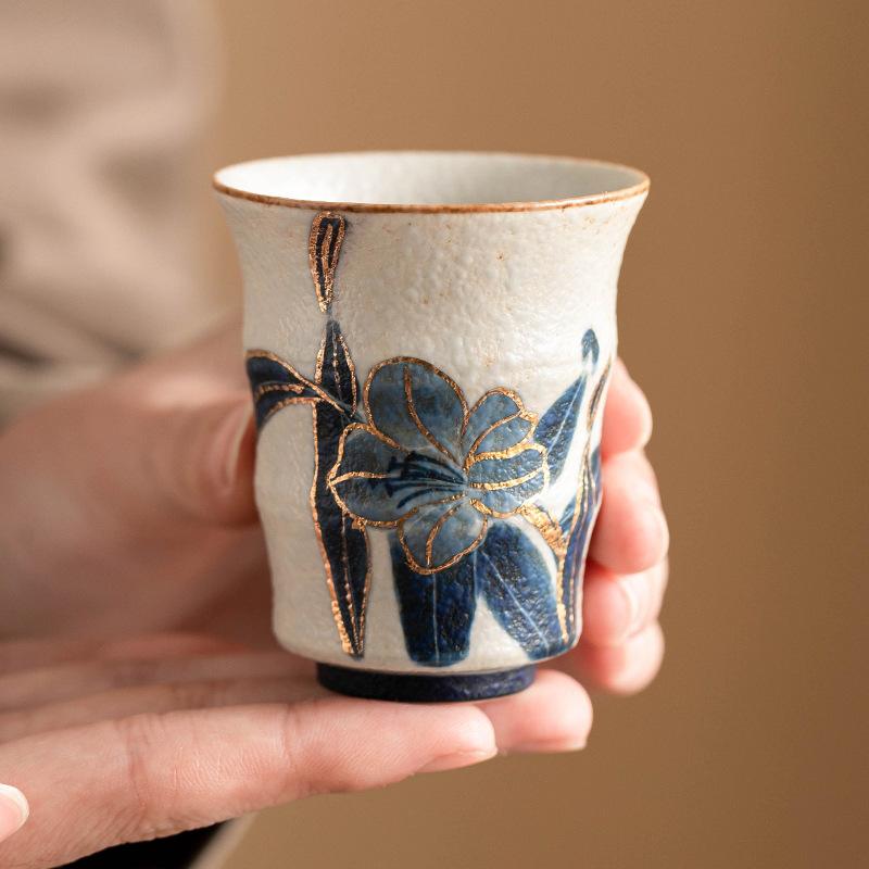 Hand Painted Lily Bamboo Ceramic Tea Cup Blue White Flint Clay Chinese Kungfu Teaware For Home Use Gift Collection