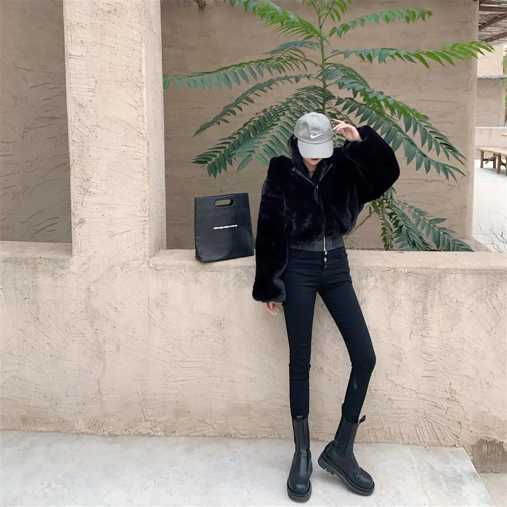 Furry Cropped Faux Fur Coats and Jackets Women Fluffy Top Coat with Hooded Winter Fur Short  Jacket