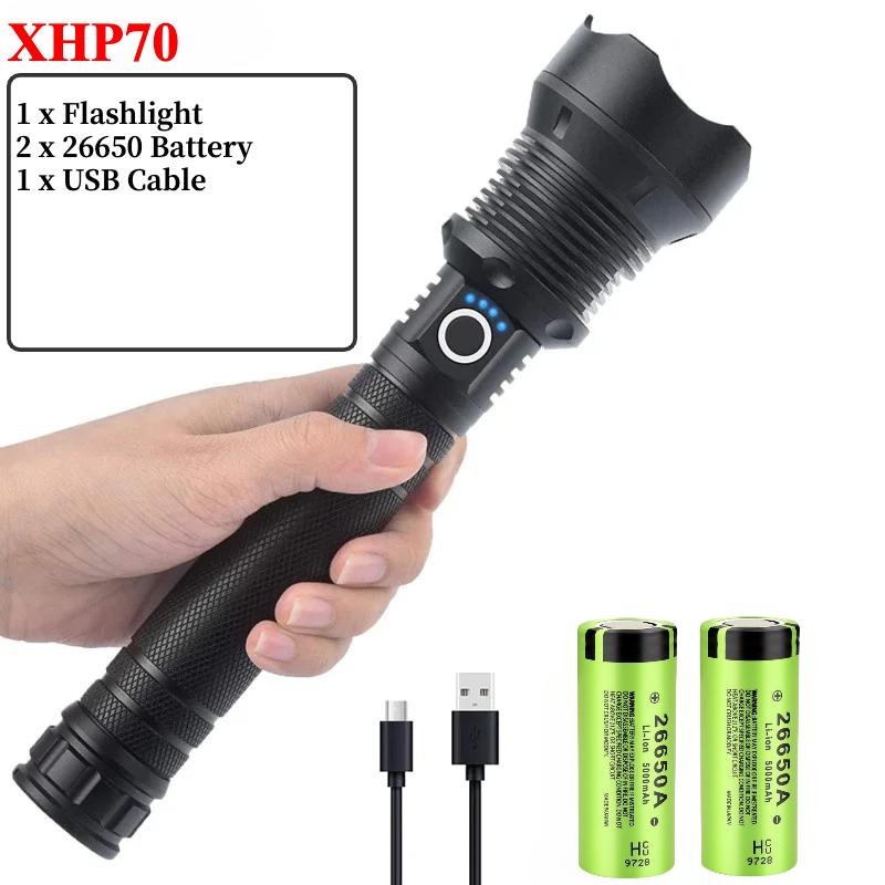 Super Bright Rechargeable XHP70/XHP50 LED Flashlight Zoomable Waterproof Tactical Torch 3 Modes Powerful for Camping Hiking
