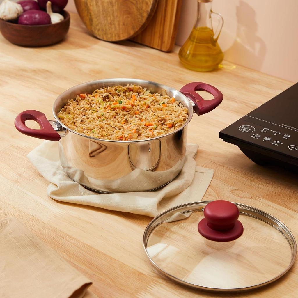 Edelstahl-Kasserolle mit Glasdeckel | Schlaggeformter Boden | Soft-Touch-Griff | Spülmaschinenfest | 20 cm