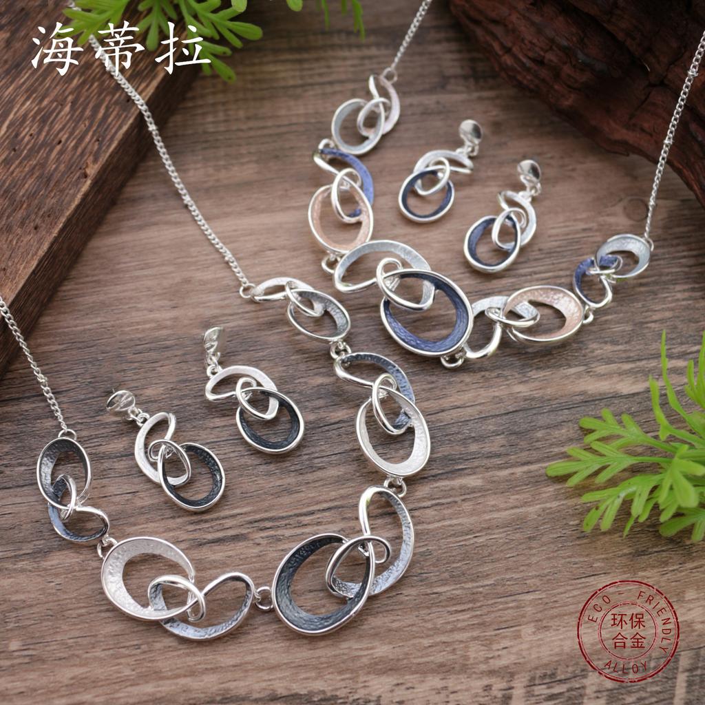 New Color Painting Oil Hollow Geometric Stud Earrings Necklace Set Women's Fashion High Sense Irregular Necklace