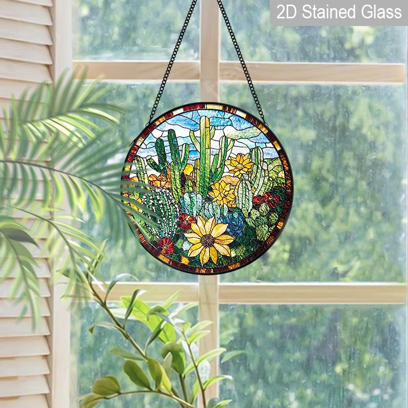 2D Flat Stained Glass Green Cactus Flower Window Decoration, 6.3/7.87inches Colored Glass Plate with Chain, Charming Spring Summer Sun Catcher Home