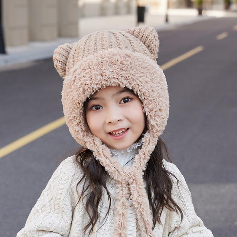 Toddler Bear Ear Knitted Hat Warm Winter Protective Headgear For Kids
