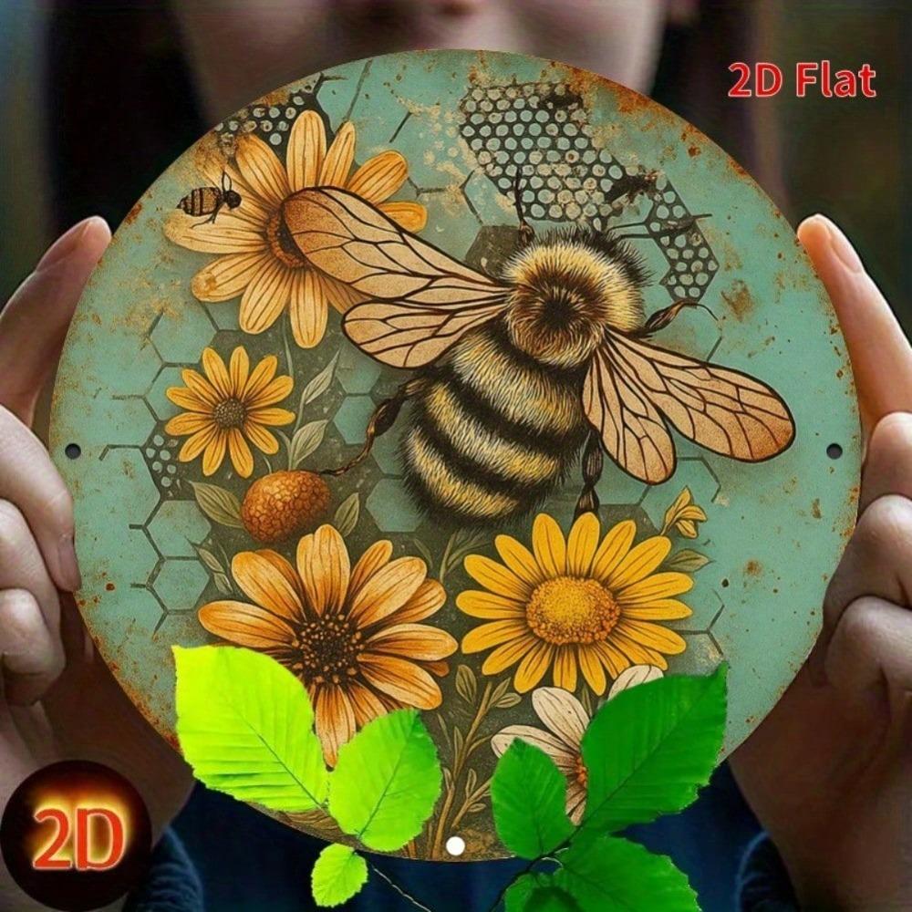 Rustic Bee Floral Round Metal Wall Art Vintage Green Distressed Honeycomb Decor