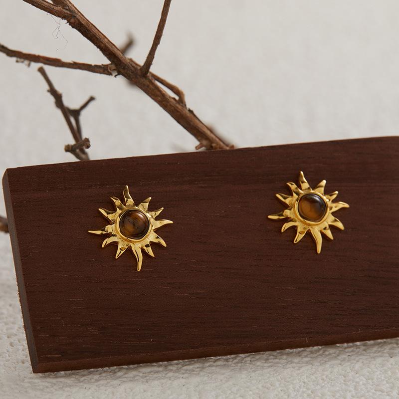 S925 Sterling Silver Natural Pearl Amethyst Tiger Eye Jasper Colored Treasure Stud Earrings Women'S French Retro Sunflower Earrings