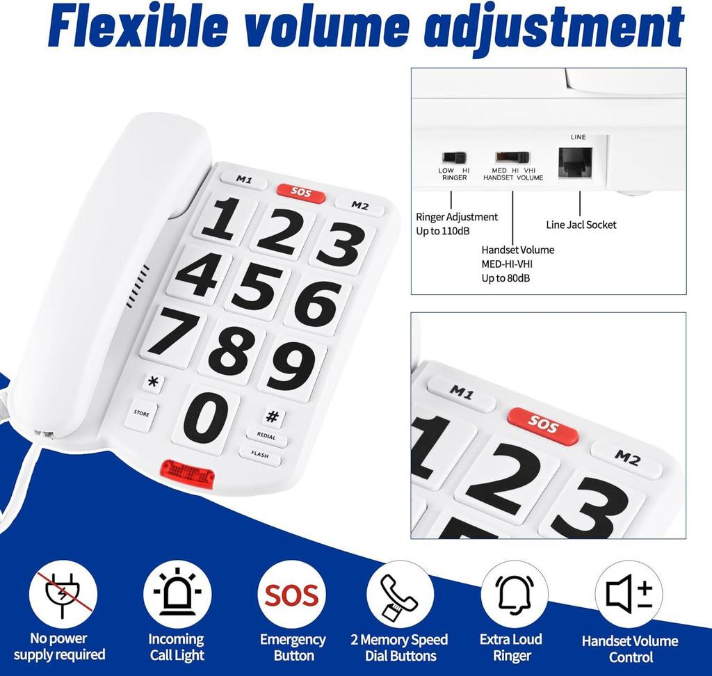 Drátový telefon s velkými tlačítky pro seniory, Nastavitelná hlasitost, Model v anglickém jazyce