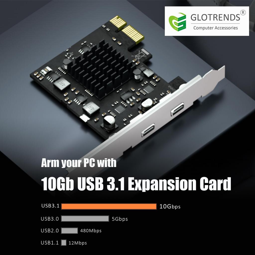 GLOTRENDS U3142CX1 10Gb USB Gen2 naar PCIE X1 Uitbreidingskaart met ASM 3142 Standaard en Low Profile Beugel 2-Poorts 3.1 Type-C Chip,