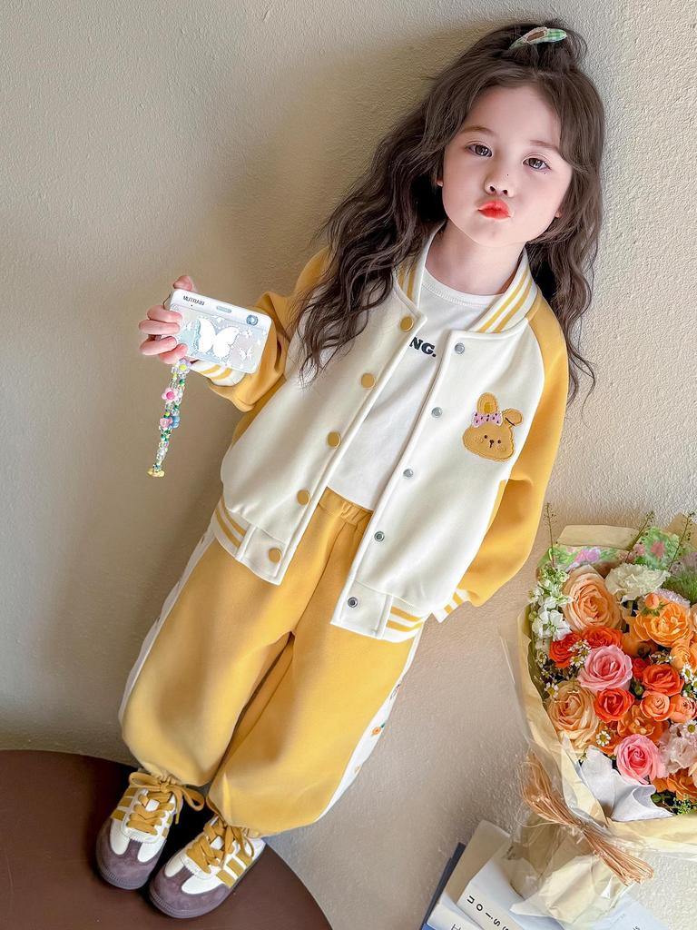 Trendy 2025 Girls' Baseball Suit Set - Spring/Autumn Fashionable Two-Piece Outfit for Kids