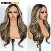 FREEDOM Synthetic Lace Front Wigs For Women 24 inches Layerd Bouncy Curly Lace Wig Ombre Brown Blonde Wigs Cosplay Wig