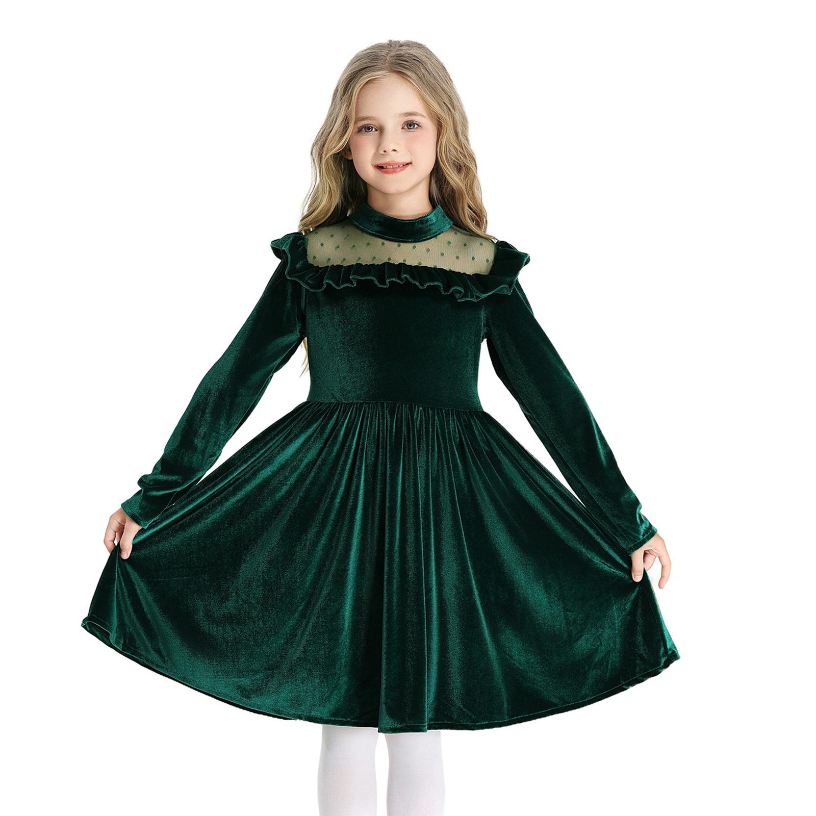 

Girls Fashion Cute Solid Color Ruffled Long-Sleeve Princess Christmas Party Performance Dress Tulle Gown 120 зелёный