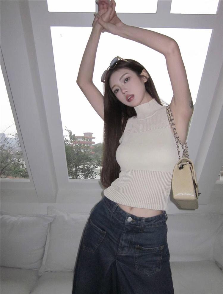 Vară Picant Gât Înalt Fără Mâneci Tricotat Crop Top Cămașă de corp - Articol de îmbrăcăminte exterioară scurtă decupată pentru femei