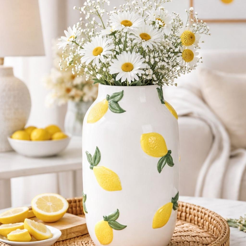 Ceramiczny Wazon Dekoracyjny Z Motywem Cytryn 29 Cm