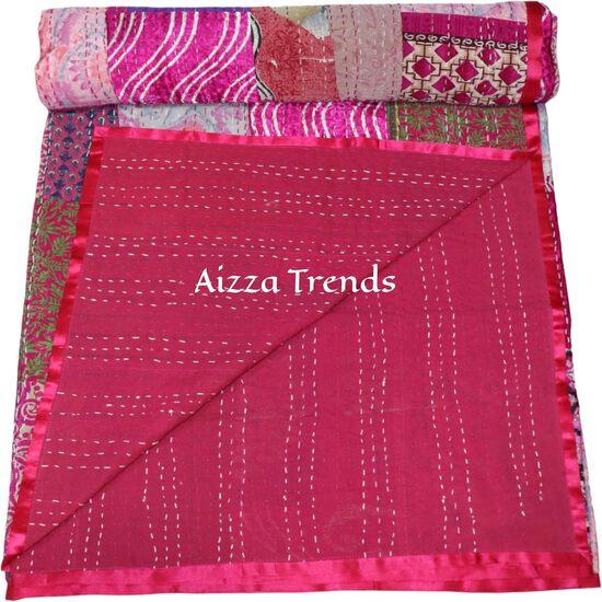 Aizza Trends Handmade Pure Cotton Patch and Patola Work Kantha Quilt - Traditional Indian Throw Blanket-Vintage Cotton Silk Saree Quilt