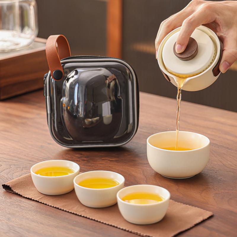 Przenośny zestaw do herbaty Kungfu z białym szkliwem księżycowym, podróżny ceramiczny zestaw do herbaty, minimalistyczny wygląd, nowoczesne chińskie zestawy do herbaty, odpowiednie do domu, biura, podróży służbowych
