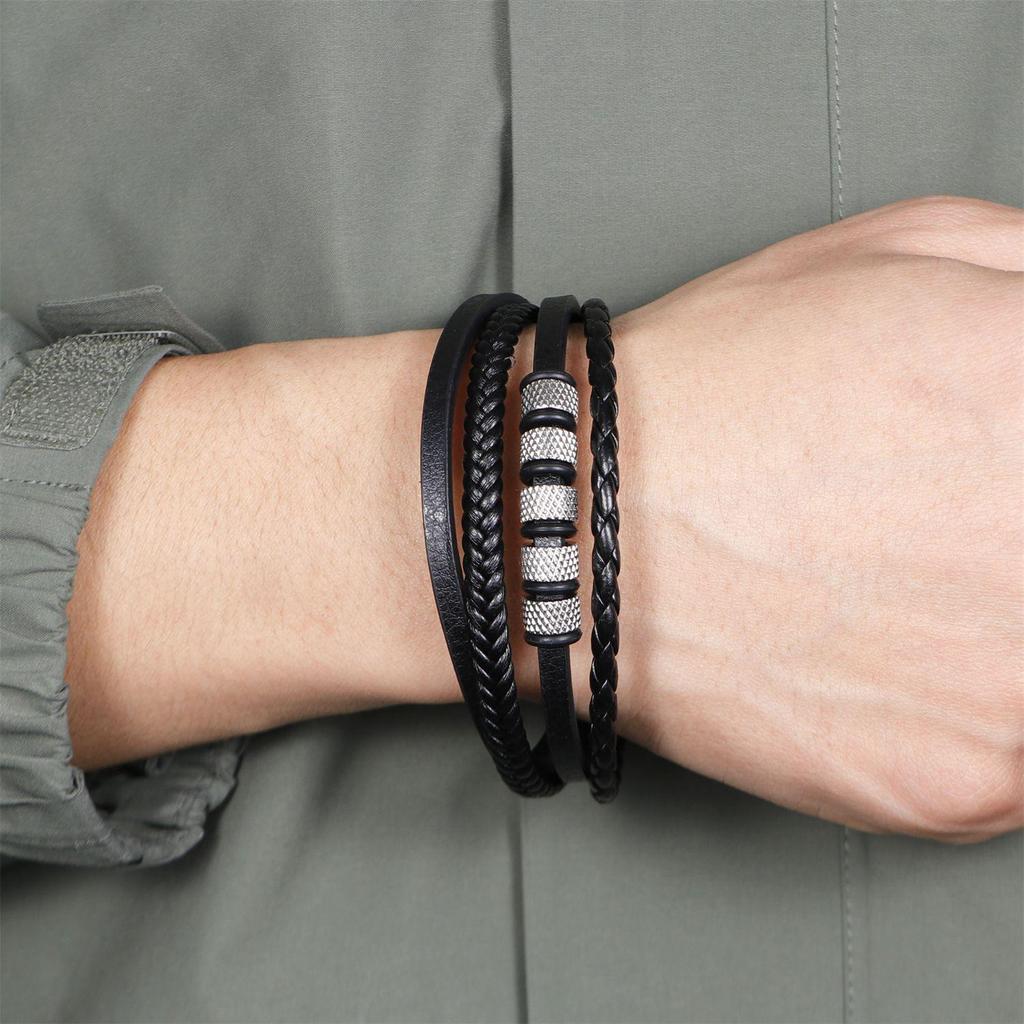 Bracciale Hip-Hop in Pelle PU Intrecciata con Perline in Lega per Uomo
