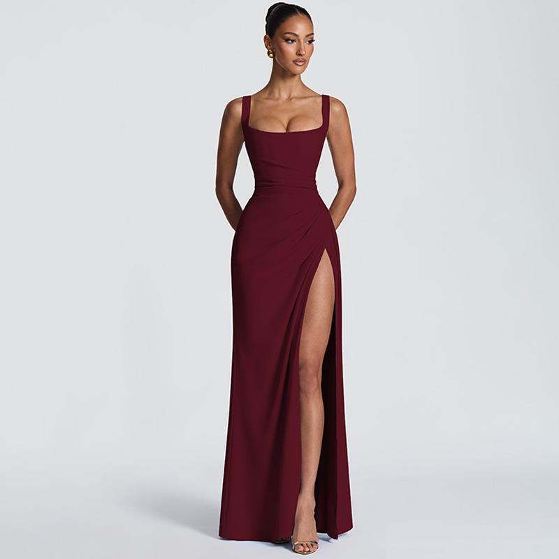 European and American Women's Clothing Light Luxury Evening Dress Long Dress Summer New Sexy Backless Suspender High Split Dress