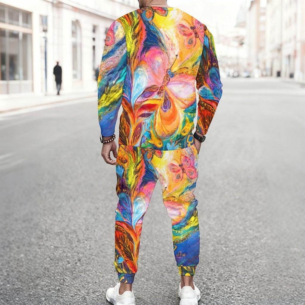 Men Black Cyan Brush Stroke Drip Gradient Print Long Sleeve Sweatshirt Jogger Pants Two Piece Suit