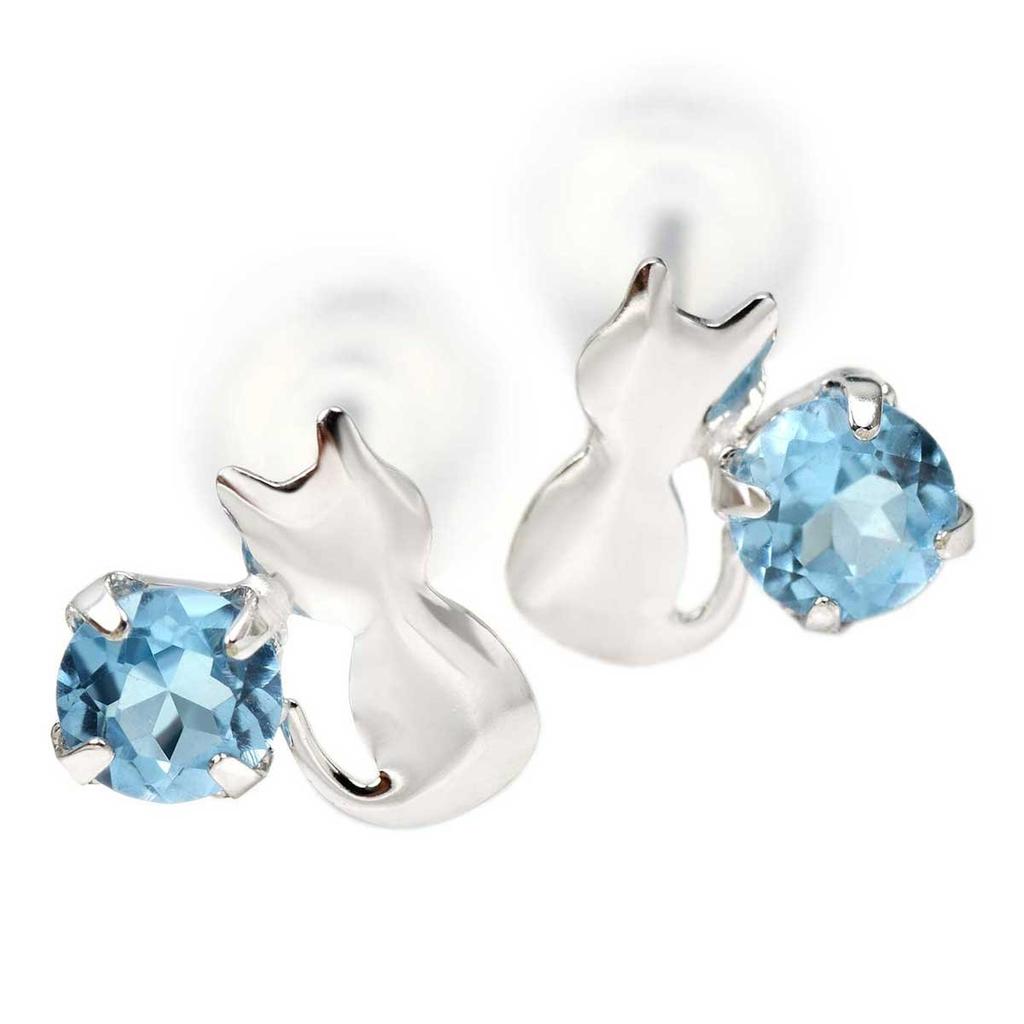 10K White Gold Cat Silhouette Stud Earrings with November Blue Topaz (Binaural) Birthstone,