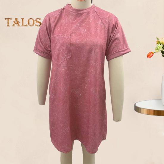 Damenkleid, Rundhalsausschnitt, kurze Ärmel, Brusttasche, Vintage-Stil, Übergröße, kurzes Kleid im Used-Look, einfarbig, Pullover, lässig, für den Alltag, Minikleid