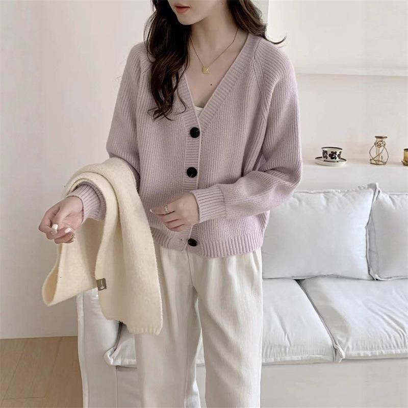 

Свитер кардиган куртка женская новая ленивый стиль большая версия короткий рукав-фонарик короткая одежда вязаная куртка женская One size фиолетовый