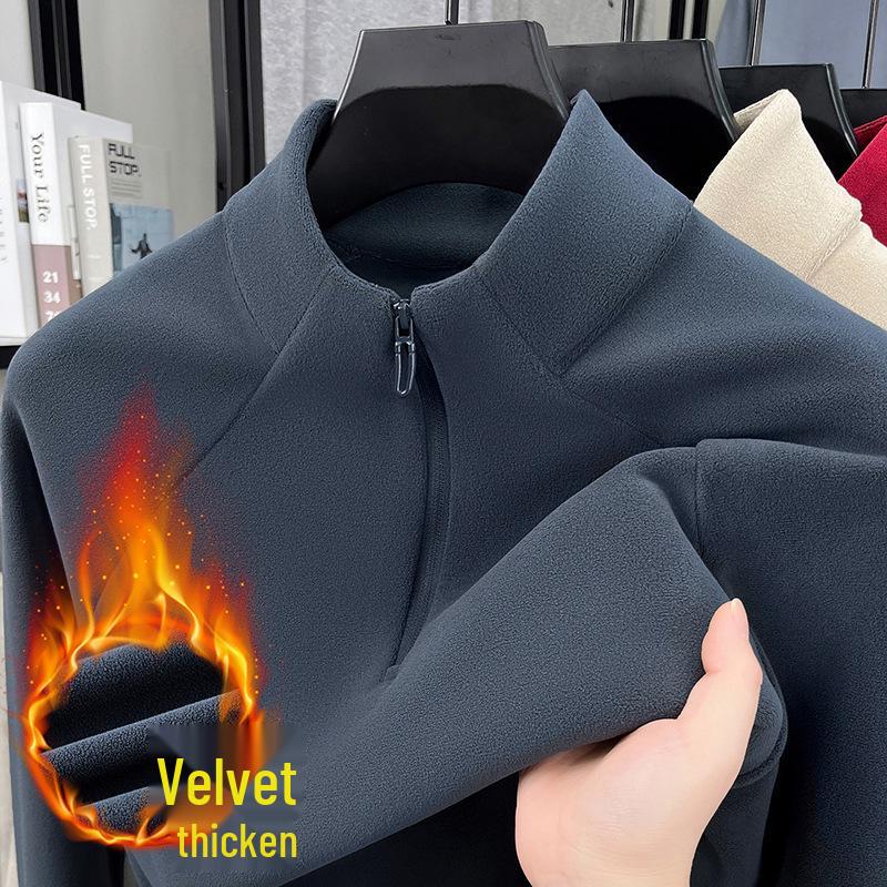 Men's Plush Lined Half-Zip Stand Collar Sweatshirt - Warm Outdoor Base Layer for Autumn & Winter