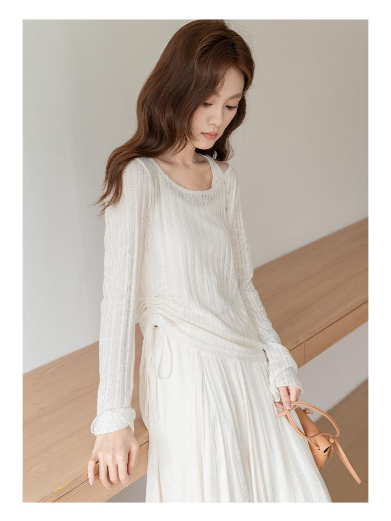 Korean Style Pleated Drawstring See-through Sun Protection Long Sleeve Women's Autumn/Winter Top